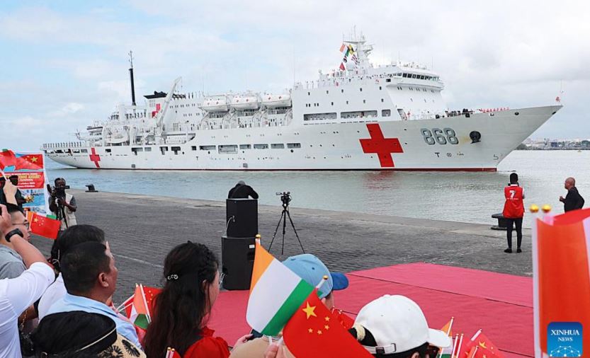 The Chinese People's Liberation Army Navy hospital ship Auspicious Ark arrives in Abidjan, Cote d'Ivoire, Oct. 14, 2026. Auspicious Ark arrived in Abidjan, the economic capital of Cote d'Ivoire, on Wednesday to begin a friendly visit and provide medical services, marking the first visit by a Chinese naval hospital ship to the country.The hospital ship, which is carrying out Mission Harmony-2026, docked at Abidjan at about 10:00 a.m. local time (1000 GMT). (Photo by Yvan Sonh/Xinhua)